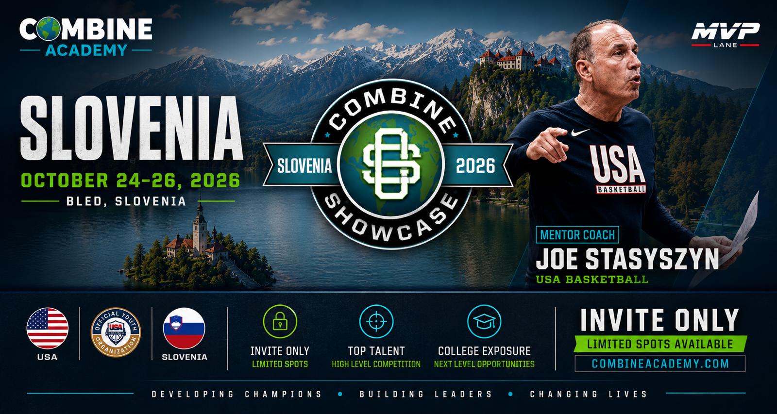 Combine Academy x MVP Lane Slovenia Showcase — October 24-26, 2026, featuring USA Basketball mentor coach Joe Stasyszyn